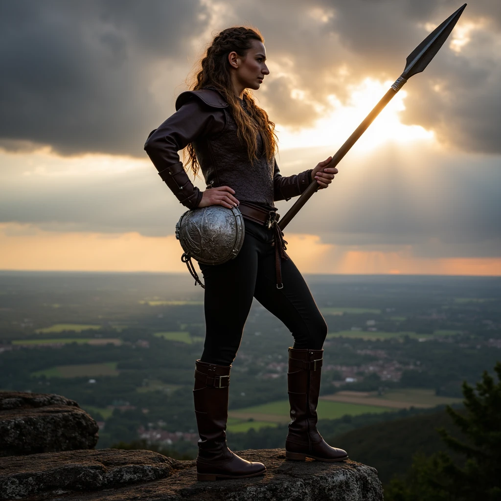 A fierce warrior woman stands on a rocky cliffside, her silhouette framed by the setting sun. Clad in intricate leather armor, she grips a long spear, her eyes sharp and focused on a distant battlefield below. Her braided hair flows in the wind, and a steel viking helmet with a weathered look rests on her hip. Behind her, storm clouds gather, casting the world in a dark, moody hue. The scene captures her readiness for battle, as if the fate of her kingdom rests on her shoulders.