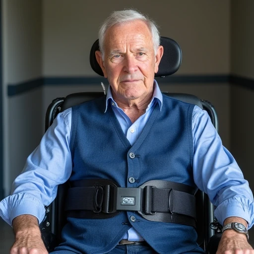 a 50 year old man wears a three point wheelchair belt made of blue nylon