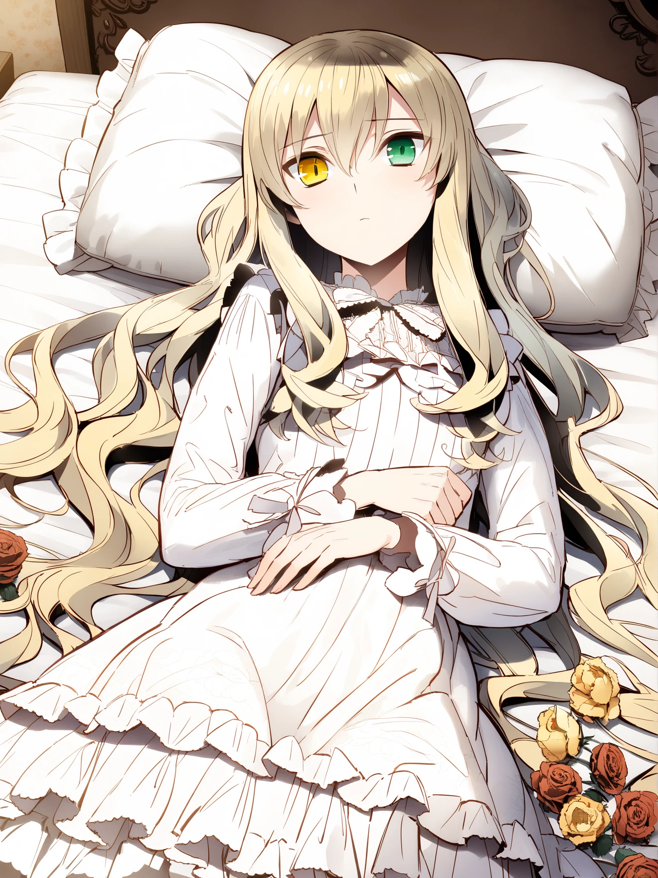 masterpiece, best quality, high quality, aesthetic, absurdres, insanely detailed,
1girl, very long hair, heterochromia, flower, yellow eyes, green eyes, lying, blonde hair, dress, frills, on back, rose, bed, pillow, brown hair, wavy hair, nightgown, white dress, 
<lora:akira-style-xl_v1.0:1>