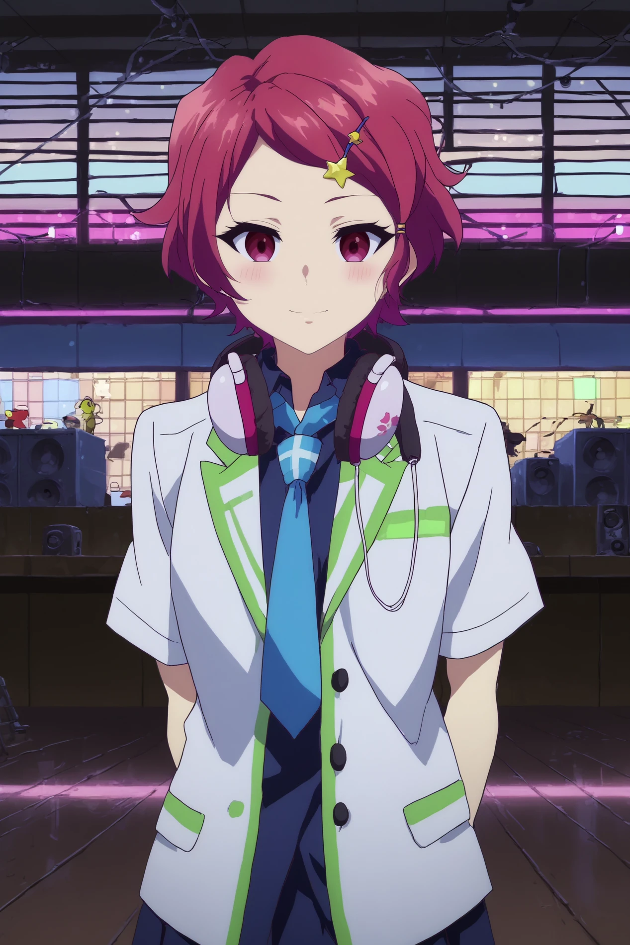  koito minase,1girl,solo,smile,headphones around neck,headphones,necktie,short hair,hair ornament,hairclip,star (symbol),star hair ornament,looking at viewer,school uniform,jacket,lowlight,low light,oily skin,shiny_skin,upper body,smile,good_hands,standing BREAK indoors,nightclub,music,lights, dancefloor, DJ, speakers,shadows,led,pink neon led   arms behind back,   <lora:Koito_Minase_-_Musaigen_no_Phantom_World.safetensors:0.8> <lora:detailed_backgrounds_v2.safetensors:0.7> <lora:lowlight.safetensors:0.8>