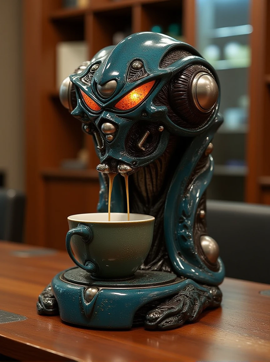 a coffee machine made up of the guyver of biological armor is making coffee on table