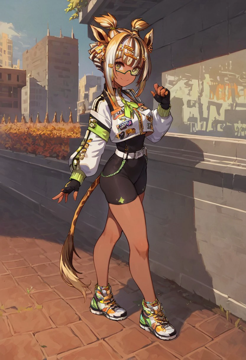 score_9, score_8_up, score_7_up, score_6_up, pretty woman, 21 year old, 1girl, kiri kilovolt, multicolored hair, dark skin, green glasses, brown eyes, smile, single pantsleg, fingerless gloves, giraffe ears, giraffe tail, star hair ornament, voltage hair ornament, looking away, from side, high FOV, high cut bodysuit, racing jacket, giraffe haircut, green handkerchief on arm, white belt, high sneakers, happy, smile, pretty face, sexy pose, public, downtown city