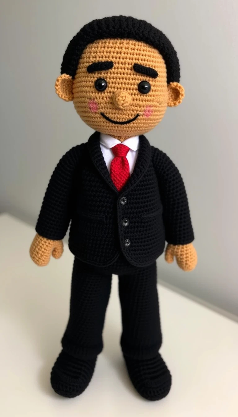 a crocheted Barack Obama wearing a suit in the style of CRCHTD