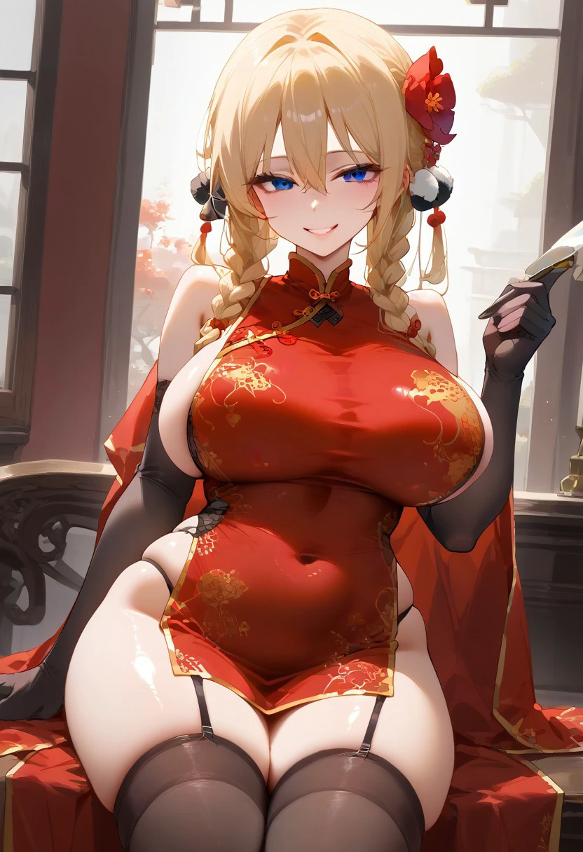 score_9, score_8_up, score_7_up, source_anime, BREAK, blonde hair, twin braids, blue eyes, thighhighs, red china dress, hair ornament, garter straps, hair flower, black gloves, huge breasts, thick thighs, wide hips, shiny skin, skindentation, seductive smile, come hither, naughty face,