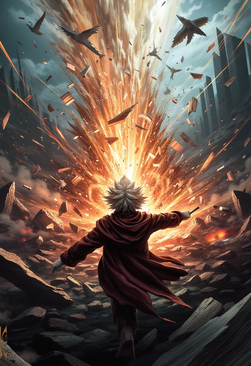 Pastel of Killua Zoldyck who Build effective teams in The explosion created a rain of debris and rubble, supersized, messy, The Sword of Love and Hate. trending on artstation, sharp focus, illustration, caustics, octane render, radiant light, 4k, 8k