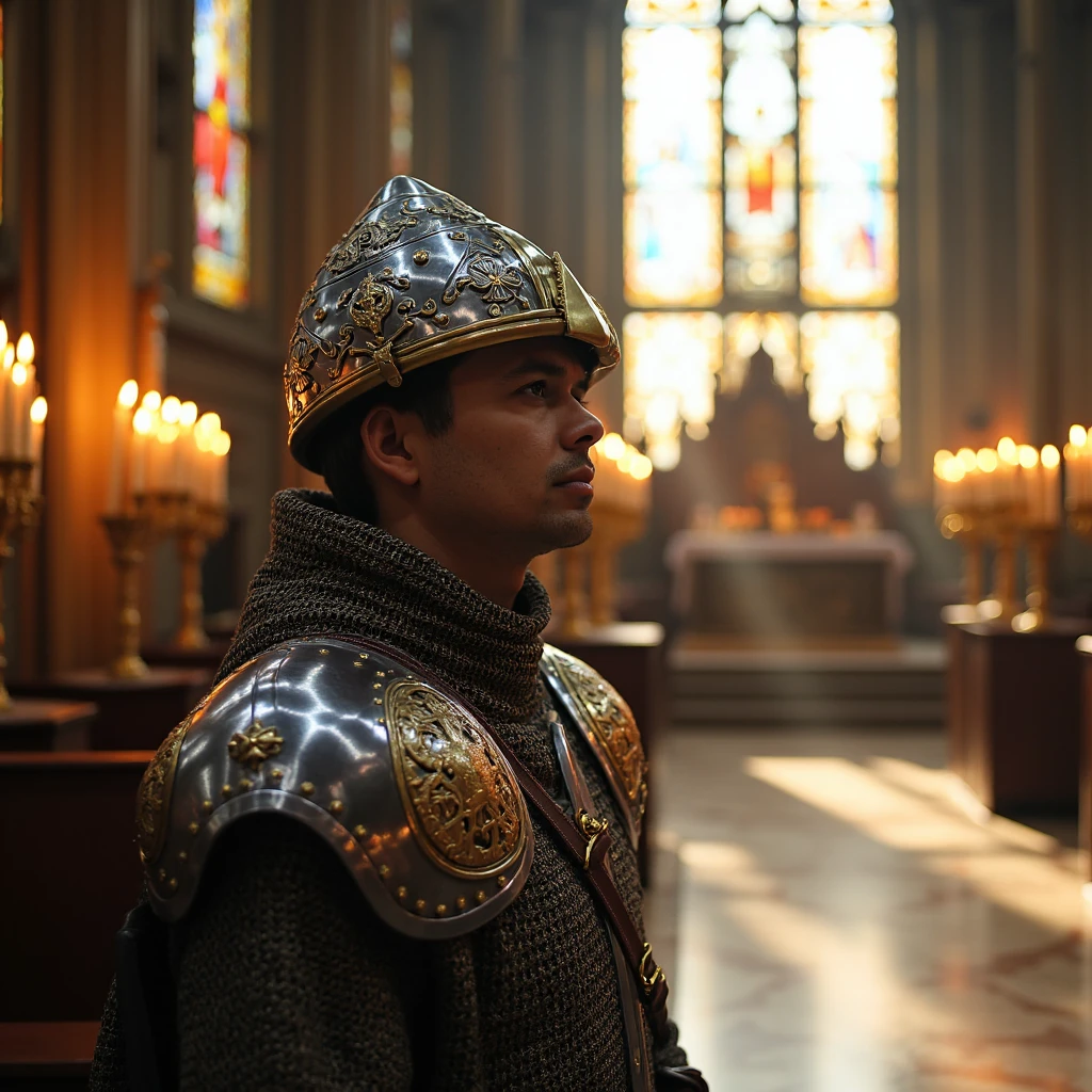 A paladin stands before an altar in a grand cathedral, light streaming through stained glass windows. Their shining steel and gold norman helmet rests on their head, a symbol of their faith and duty. The intricate carvings on the helmet match the ancient symbols engraved on the paladin’s armor. Around them, candles flicker gently in the still air, casting long shadows across the marble floor. The paladin’s expression is solemn, their devotion to their sacred mission evident in the quiet reverence of the scene.