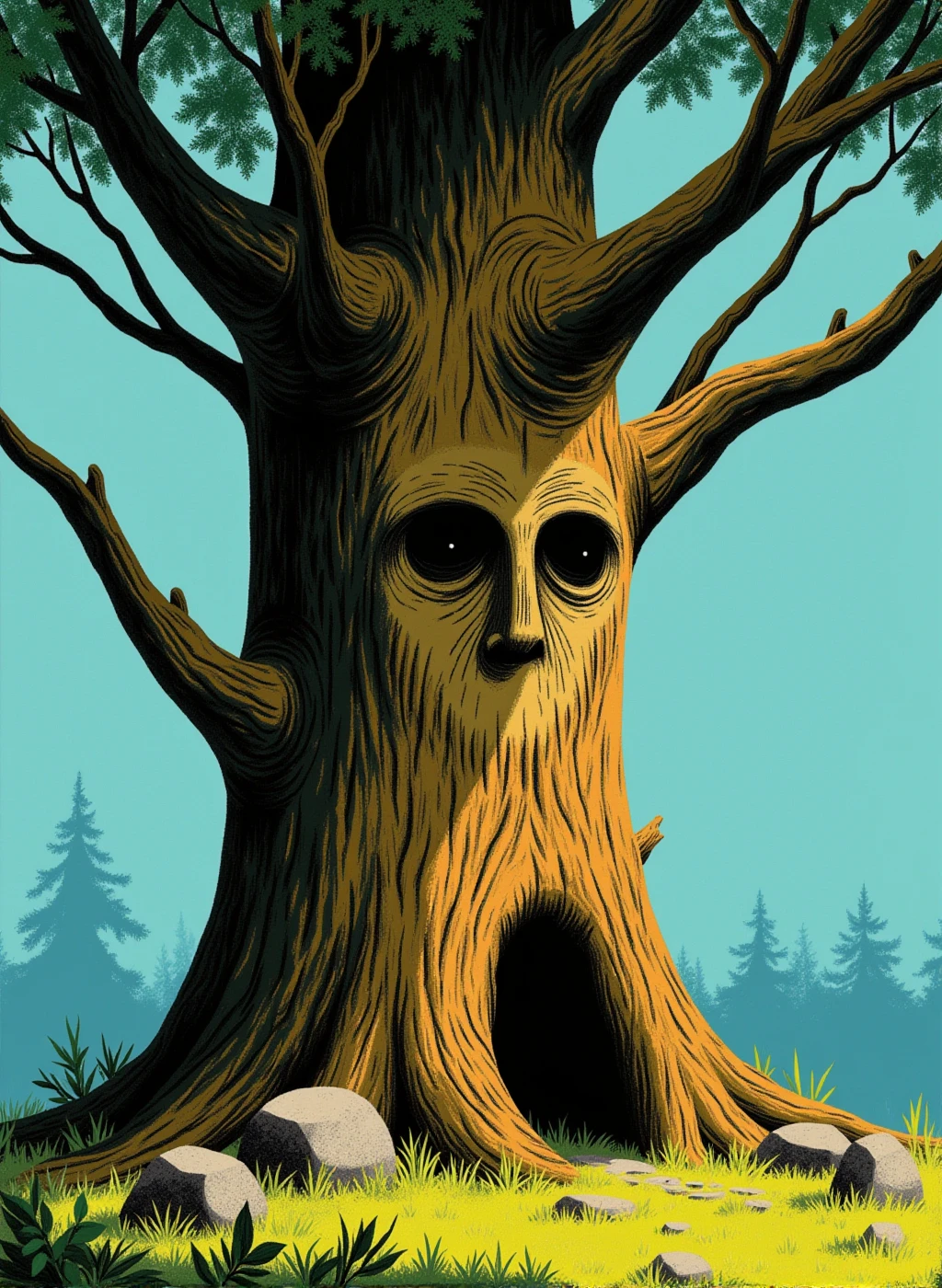 r0ygb1v style digital illustration gouache style, a large tree trunk with a carved face clearing mythical, flat shading, brush strokes, textured