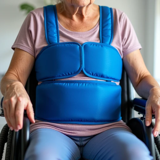 a 80 year old woman wears a two point padded wheelchair belt, a thickly padded abdominal belt and a chest belt, they are all shiny blue nylon