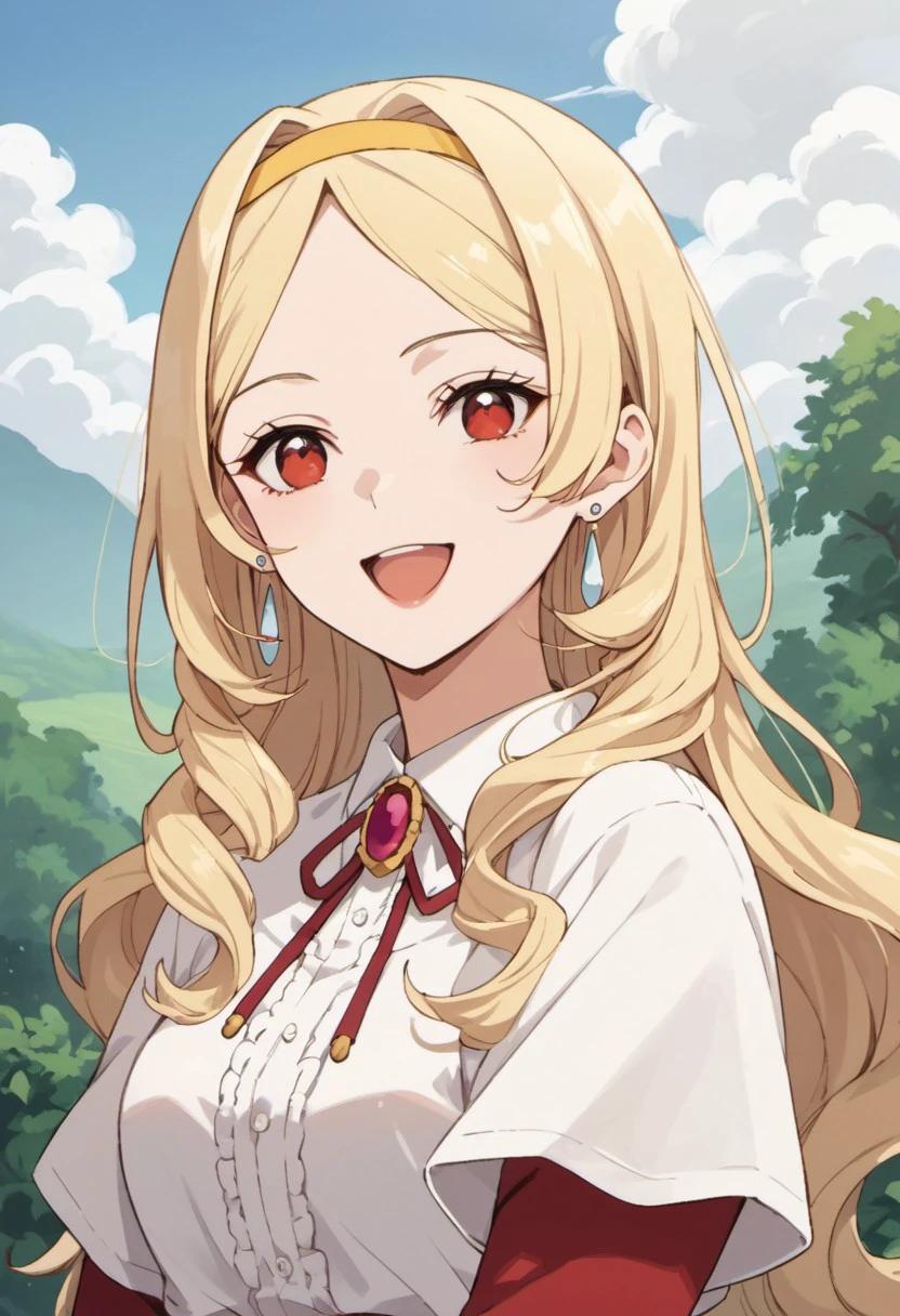 score_9, score_8_up, score_7_up, source_anime, eleonora hillrose, long hair, blonde hair, red eyes, 1girl, solo, jewelry, hairband, smile, outdoors, earrings, looking at viewer, sky, white shirt, open mouth, shirt