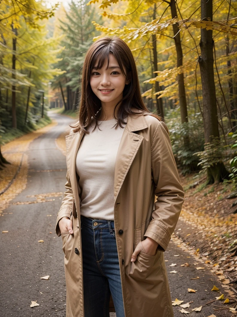 <lora:ReaLora:0.5> (realistic, photorealistic:1.37),
<lora:JP_FallForest-v1-000005:0.6> outdoors, forest, autumn, jpfall,
1girl, asian, brown hair, bangs,
cowboy shot, standing,
checkered coat, open coat, looking at viewer, smile,
