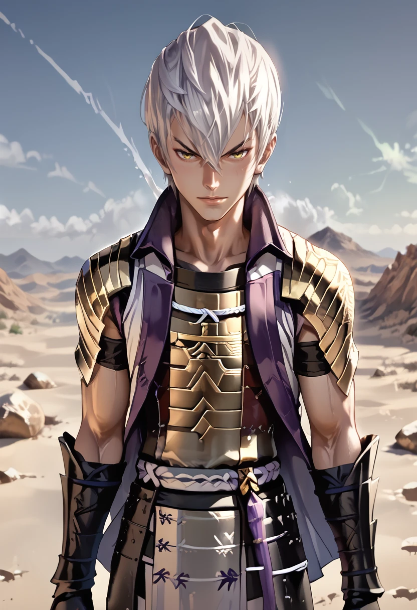 source_anime, (masterpiece), (best quality), score_9, score_8_up, score_7_up, (masterpiece:1.2), (best quality:1.3), 1boy, <lora:Mitsunari_Ishida_Sengoku_Basara:0.8> misshi_sgbs, popped collar, hair between eyes, white hair, holding katana, fighting stance, japanese armor, unsheathing, masterful composition, dynamic movement <lora:Anime Style (Vauxz) PONY:0.8>, low-key lighting, lo-fi, glow, dynamic cinematic lighting, ray_tracing, global illumination, <lora:Ayuli2424PDXL32v0.901tx1:0.55> a0b, in The Obsidian Desert background