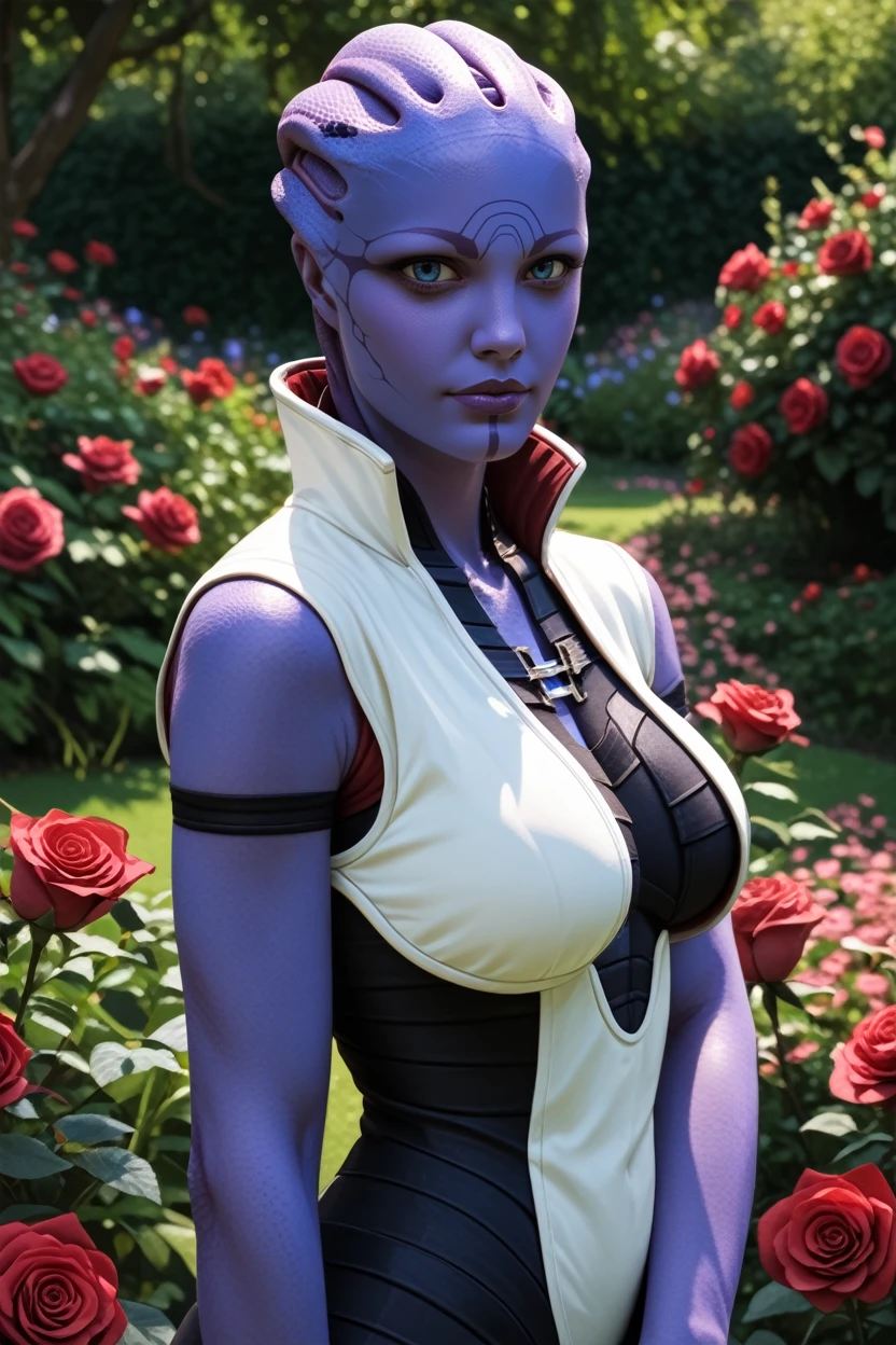 score_9, score_8_up, score_7_up,
<lora:MEAria:0.8>
MEAria, 1girl, purple skin, blue eyes, alien, looking at viewer, rose garden, gardening, floral background