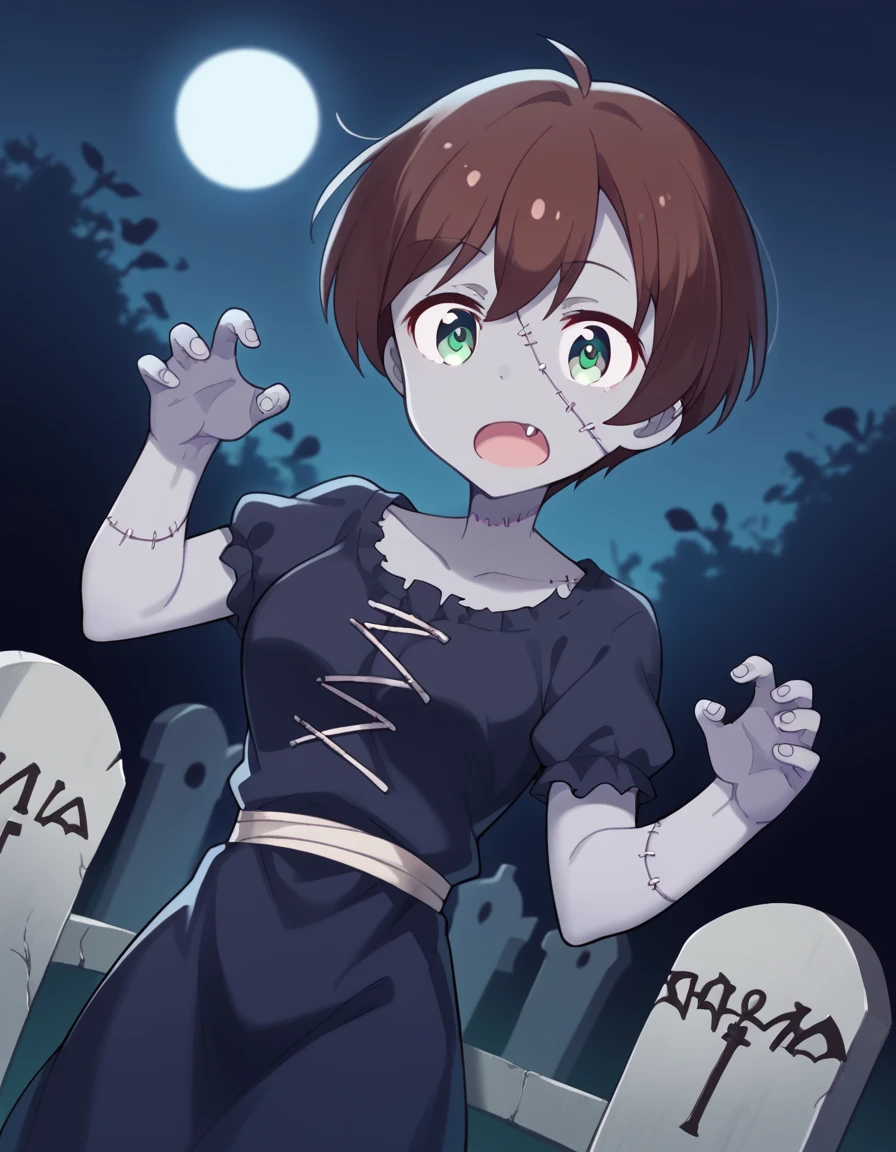 score_9, score_8_up, score_7_up, source_anime, <lora:hajime-shinoda-s2-ponyxl-lora-nochekaiser:1>, hajime shinoda, short hair, bangs, brown hair, green eyes, ahoge, medium breasts,, <lora:zombie-ponyxl-lora-nochekaiser:1>, zombie, colored skin, stitches, grey skin, multicolored skin, stitched face, zombie pose, halloween, halloween costume,, night, moon, graveyard, tombstone, grave, open mouth, , dutch angle, cowboy shot