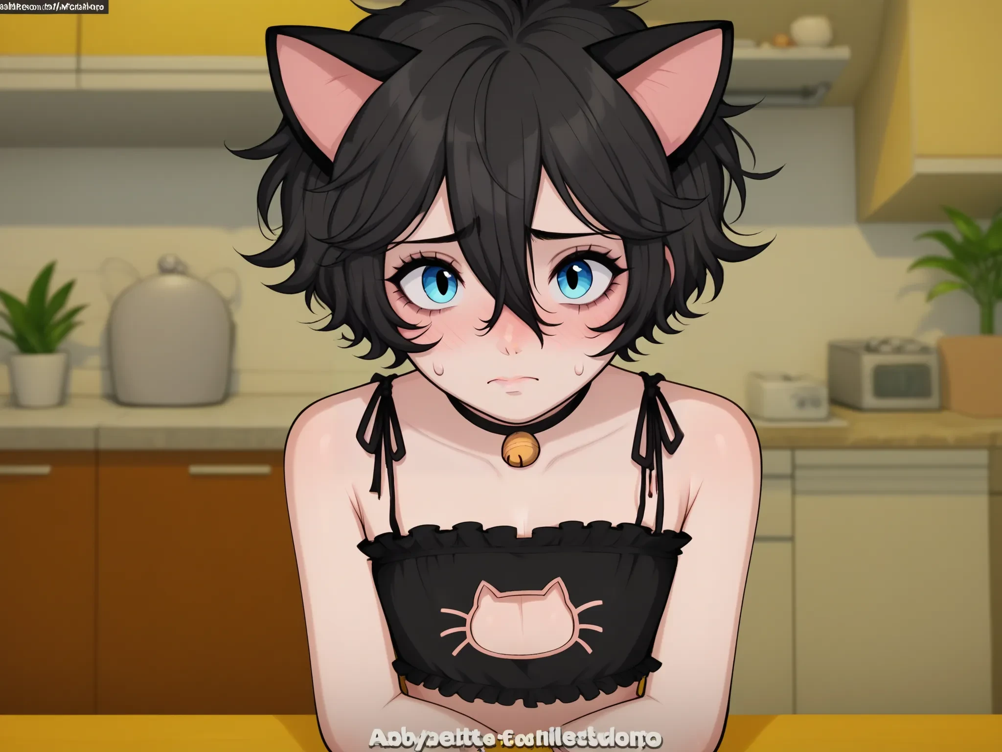 uncensored, score 9 up, score 8 up,robinfemboy, solo focus, solo male, 
 <lora:[Nuteku] My Femboy Roomate (Robin) Character PonyXL:1>animal ears, cat lingerie, underwear only, cat cutout,  black hair, clothing cutout, blue eyes, black panties, indoors, black choker, neck bell, short hair, looking at viewer, black bra, blush, cleavage cutout, chair, 1boy, table, otoko no ko, male focus, jingle bell, side-tie panties, hair between eyes, cat ear panties, kitchen, subtitled, potted plant, frilled bra, refrigerator, photo background, sweatdrop, frills, artist name, cat boy, 1girl, bare shoulders, fisheye, closed mouth, collarbone, cupboard, door, shelf, stove, fake screenshot, cabinet, artist logo, bare arms