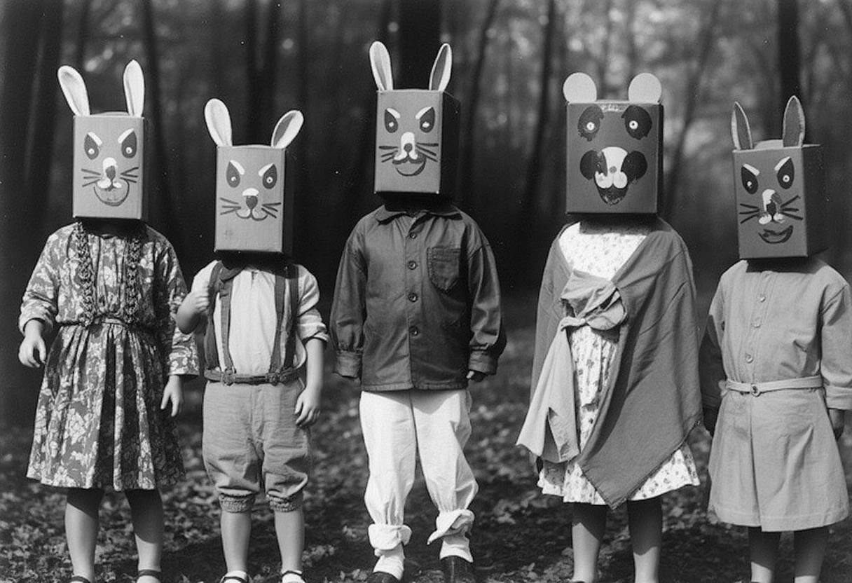 VintageHalloween. A black-and-white photograph captures five children in playful,homemade animal costumes. Each child wears a box-like headpiece with animal ears and face paint,mimicking various animals like rabbits and bears. They're dressed in simple,vintage clothing. The background is a blurred forest,suggesting natural lighting. The children's expressions are cheerful and engaged,enhancing the overall delightful atmosphere.,<lora:VintageHalloween-step00001600:0.8>,