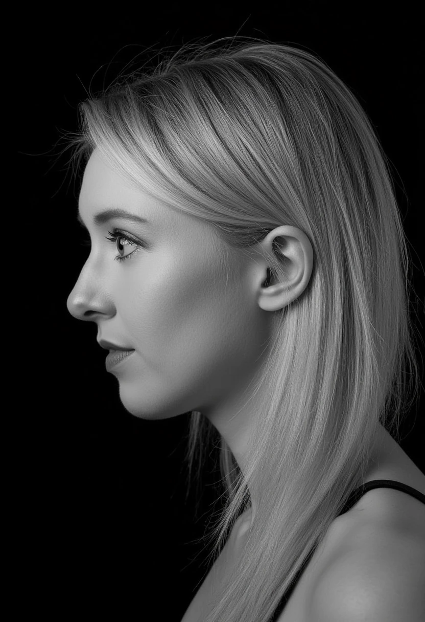 a black and white face profile photo of elizabethholmes, a blonde woman. The background is black.