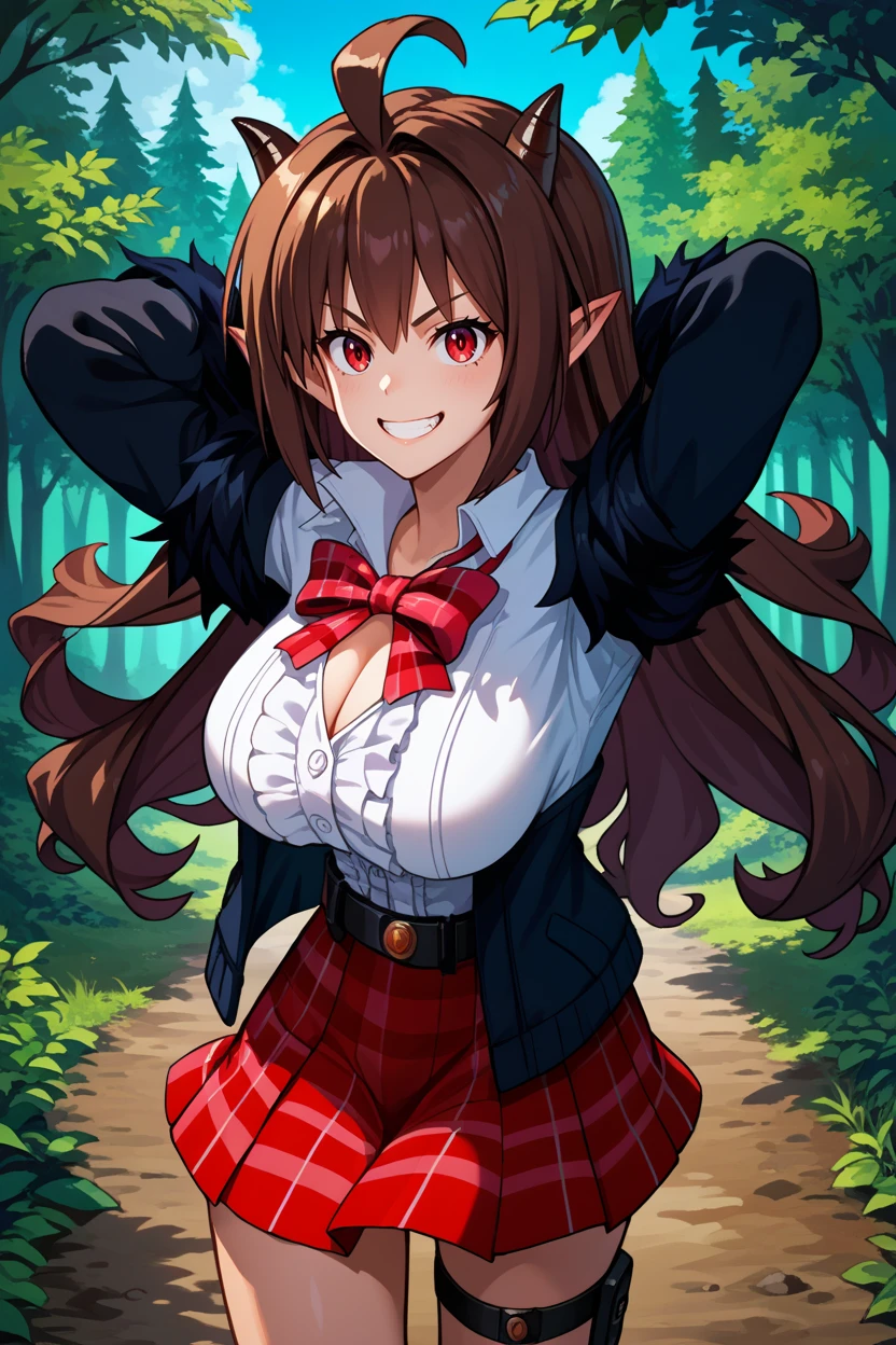 score_9, score_8_up, score_7_up, score_6_up, source_anime, 1girl, solo, <lora:taimaninlina-pdxl-nvwls-v1-000005:1> trpglna, brown hair, ahoge, long hair, red eyes, horns, pointy ears, black jacket, fur trim, white shirt, collared shirt, red bowtie, cleavage, frills, red skirt, plaid skirt, belt, thigh strap, single thighhigh, large breasts, arms behind head, grin, looking at you, forest, blue sky, walking