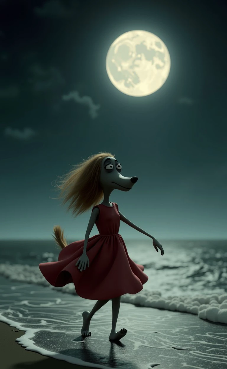 adefimo style dog, horror theme A female figure dancing barefoot on a quiet shore under the full moon, the soft waves lapping at her feet as her dress billows in the breeze.
<lora:flux_halloween_s04_addams_family_adefimo_style:0.75>