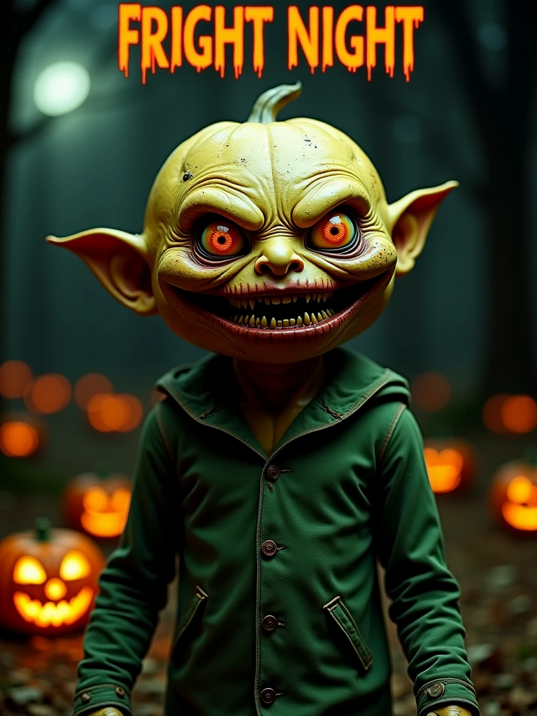 Portrait of the creature, pumpkin-head. He has small ears and orange eyes and wears buttoned up dirty green jacket. His head is pale yellow and he has large teeth. He stares at the viewer with malevolent intent and stands outdoors on Halloween night amongst jack-o-lantern decorations.

At the top in scary lettering: "Fright Night".

Dark, atmospheric, moody.

frghtnghtCE style