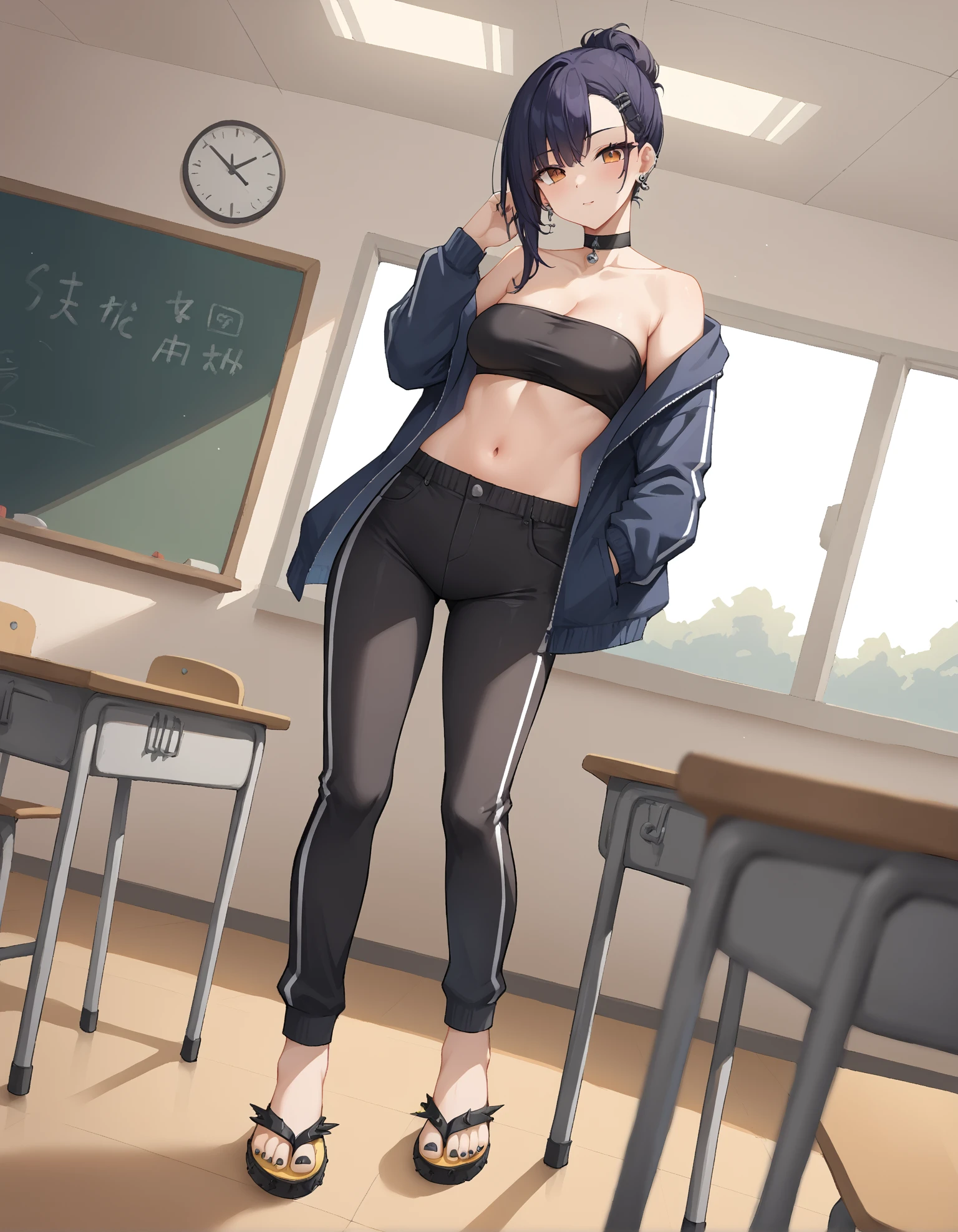 score_9, score_8_up, score_7_up, score_6_up, source_anime,
wide angle,
classroom,
standing, legs together,
1girl, goth,
Capri pants, short jacket, bandeau top,
sp1ke flip flops,
black toenail polish,
embedding:zPDXLrl ,
embedding:zPDXL2 ,