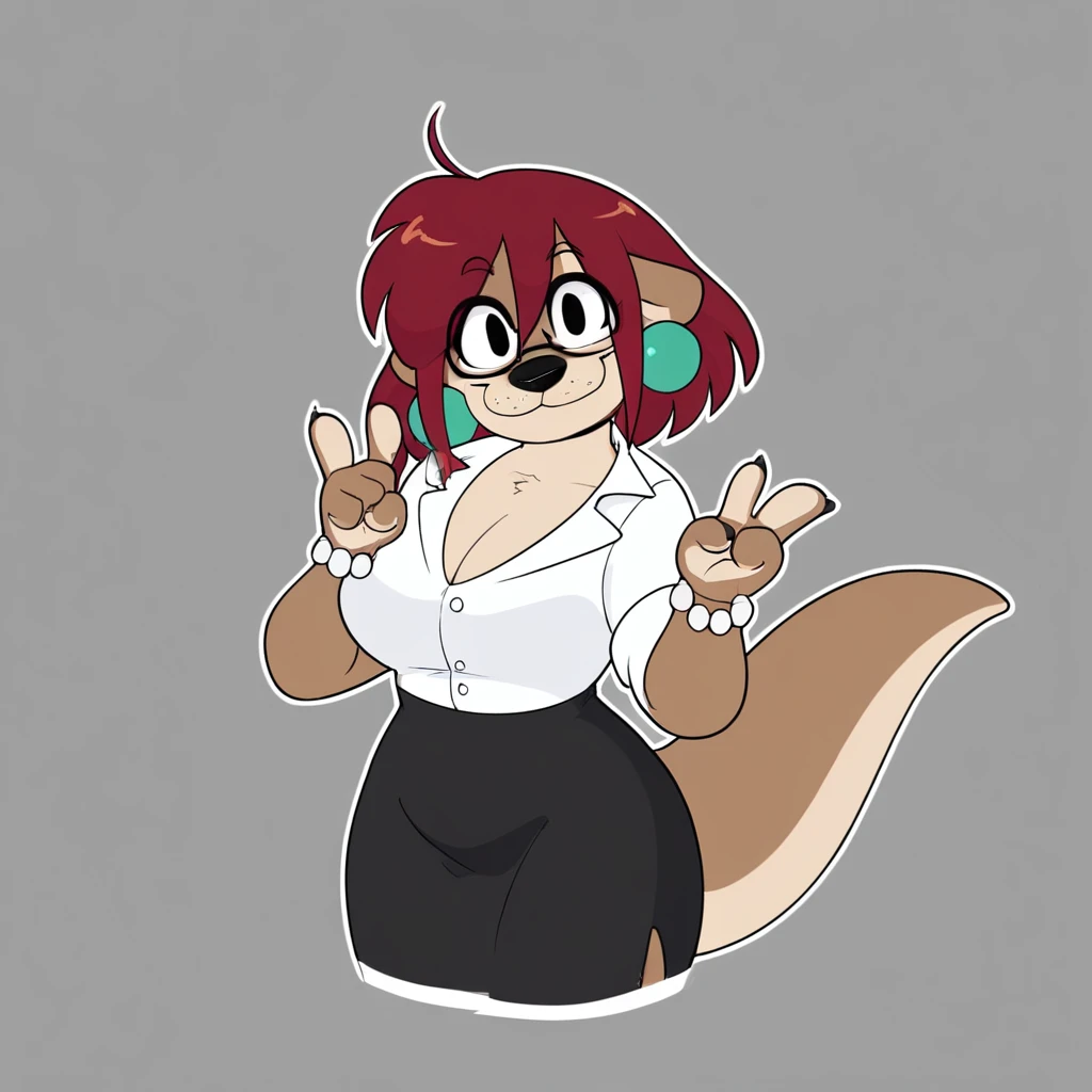 score_9_up, score_8_up, score_7_up, score_6_up, half-length portrait, otter, red hair, furry female, female, furry, looking at viewer, solo, smile, happy, eyewear, glasses, gesture, three-quarter view, head tilt, big breasts, cleavage, pencil skirt, dress shirt, tail, black footwear, high heels, bracelet, earrings, simple background, white outline,