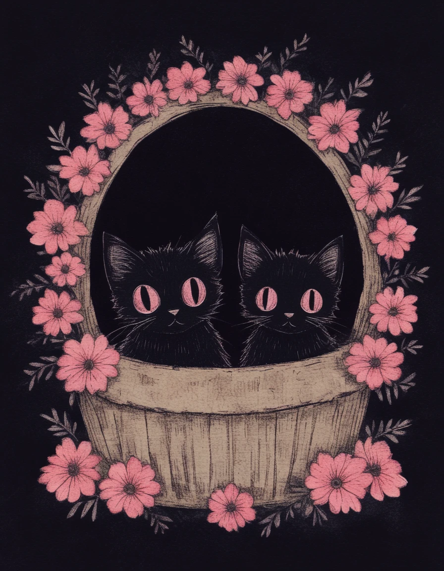 novuschroma style cute kittens in a basket with flowers