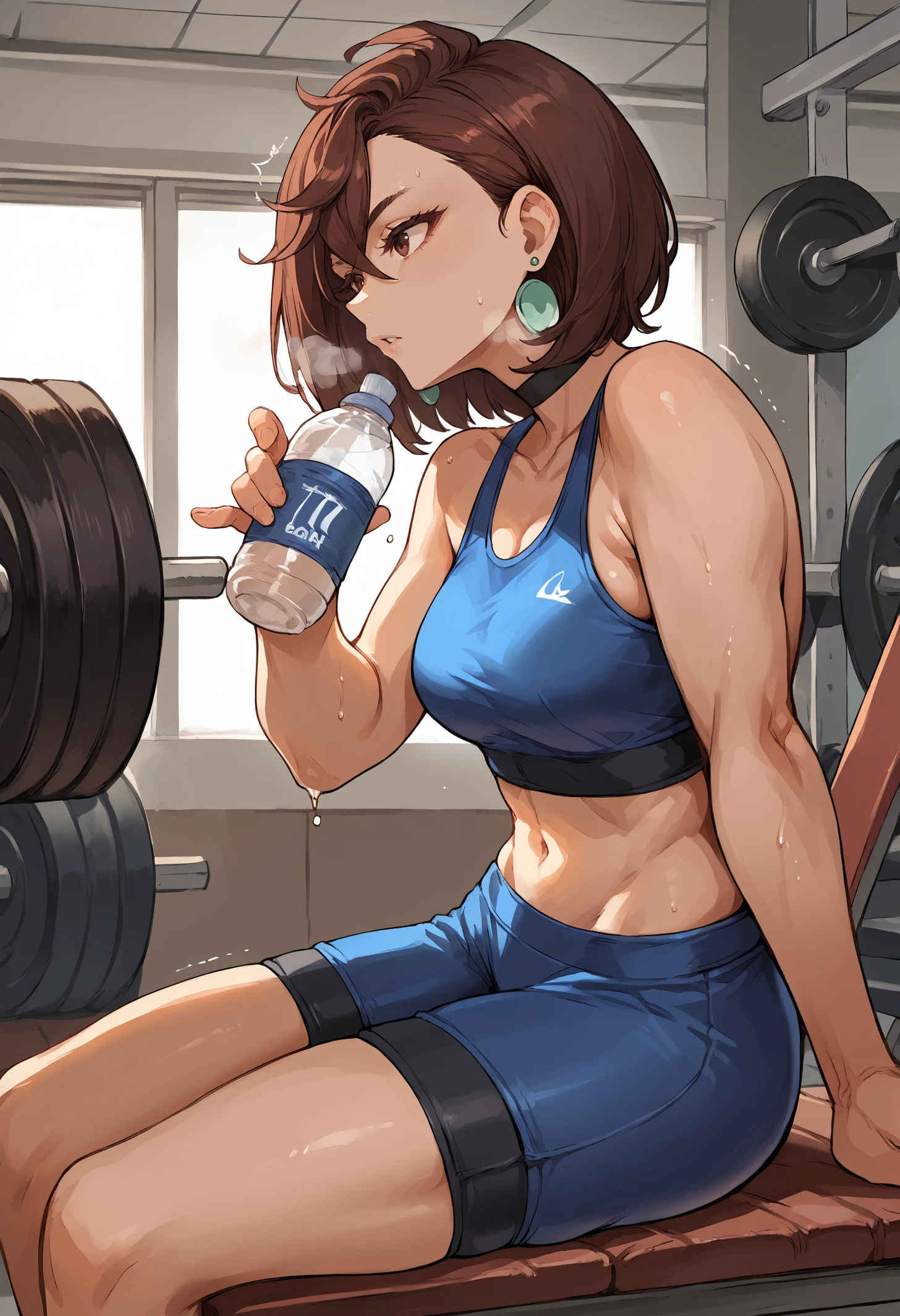 score_9, score_8_up,score_7_up, source_anime, 1girl, aysmm, medium breasts, brown hair, brown eyes, medium hair, black choker, earrings, jewelry, <lora:aysmm_pdxl_EliPot:1>,
blue sports bra, blue shorts, bike shorts, navel, sitting, leaning forward, elbow rest, holding water bottle, sports bottle, parted lips, breath, heavy breathing, trembling, sweat, gym, indoors, gym bench, side view,