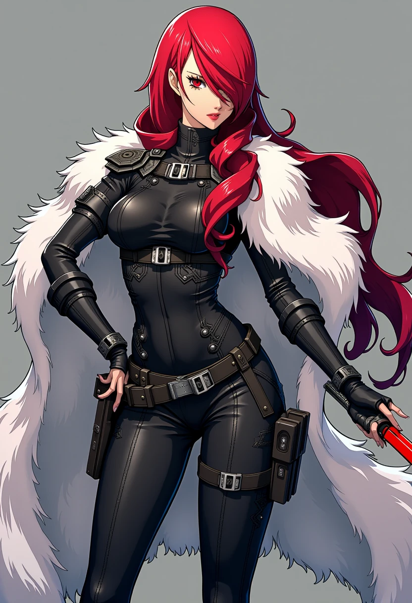 A detailed solo portrait of mitsuru kirijo
Anime style, sharp, high contrast and highly detailed.,
<lora:persona_3_mitsuru_kirijo_flux_v1_2-000013:1>,,
Full body. simple background, serious face.
is wearing a striking, form-fitting black bodysuit with intricate details that highlight a confident and powerful appearance. The outfit is complemented by a large, flowing white fur coat draped over her shoulders, which contrasts sharply with the dark attire and adds a sense of luxury and authority. The bodysuit itself features armor-like elements and tactical accessories, including belts and holsters, suggesting that the character is prepared for combat or action. Her stance is assertive, as she holds a red rapier-like weapon in a ready position, with her other hand resting near her waist, signaling readiness and control. Her long, voluminous red hair flows dramatically, further emphasizing her commanding presence. The combination of the fur coat, the sleek black combat gear, and the poised, confident stance gives her an aura of both elegance and formidable strength.