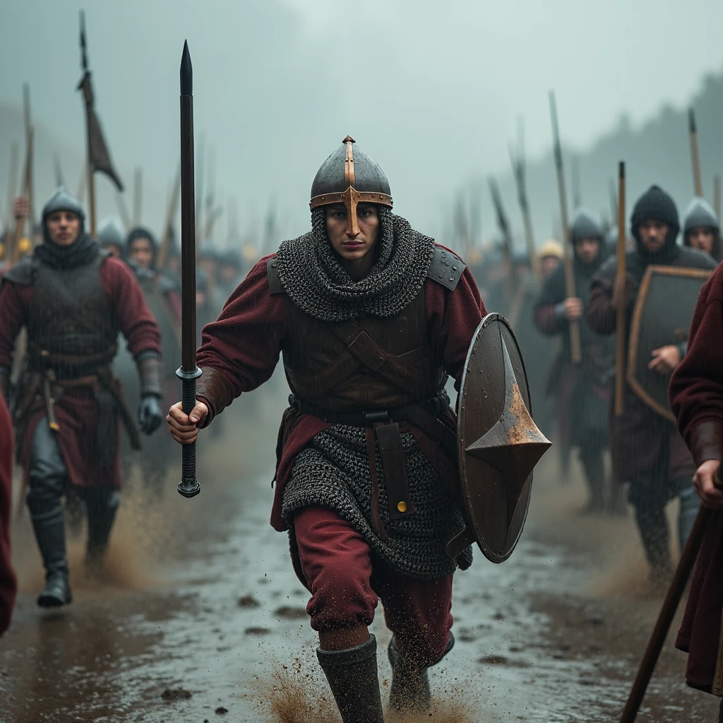 A fierce warrior charges through a rain-soaked battlefield, muddy water splashing as they sprint forward. Their polished copper norman helmet gleams in the dim light of the overcast sky, reflecting flashes of lightning. The warrior’s eyes burn with determination through the visor, and a heavy battle axe swings from their hand, ready to strike. Around them, fallen soldiers and shattered shields litter the ground as chaos unfolds, the thick air filled with the clashing of steel and shouts of war.