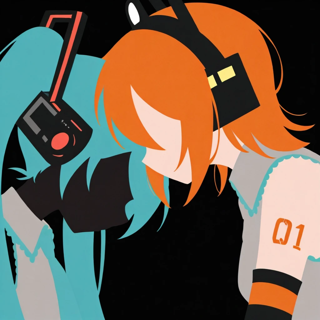 masterpiece, best quality, flat color, limited palette, no lineart, silhouette, 2girls, multiple girls, adachi rei, hatsune miku, grey shirt, black background, sleeveless shirt, orange hair, blending, long hair, number tattoo, twintails, from side, hair ornament, bare shoulders, profile, simple background, aqua necktie, headphones, shoulder tattoo, detached sleeves, covered eyes, rotational symmetry, side ponytail, collared shirt, headset, headlamp, faceless, hair ribbon, black hairband, black shirt, portrait, black sleeves, looking at another