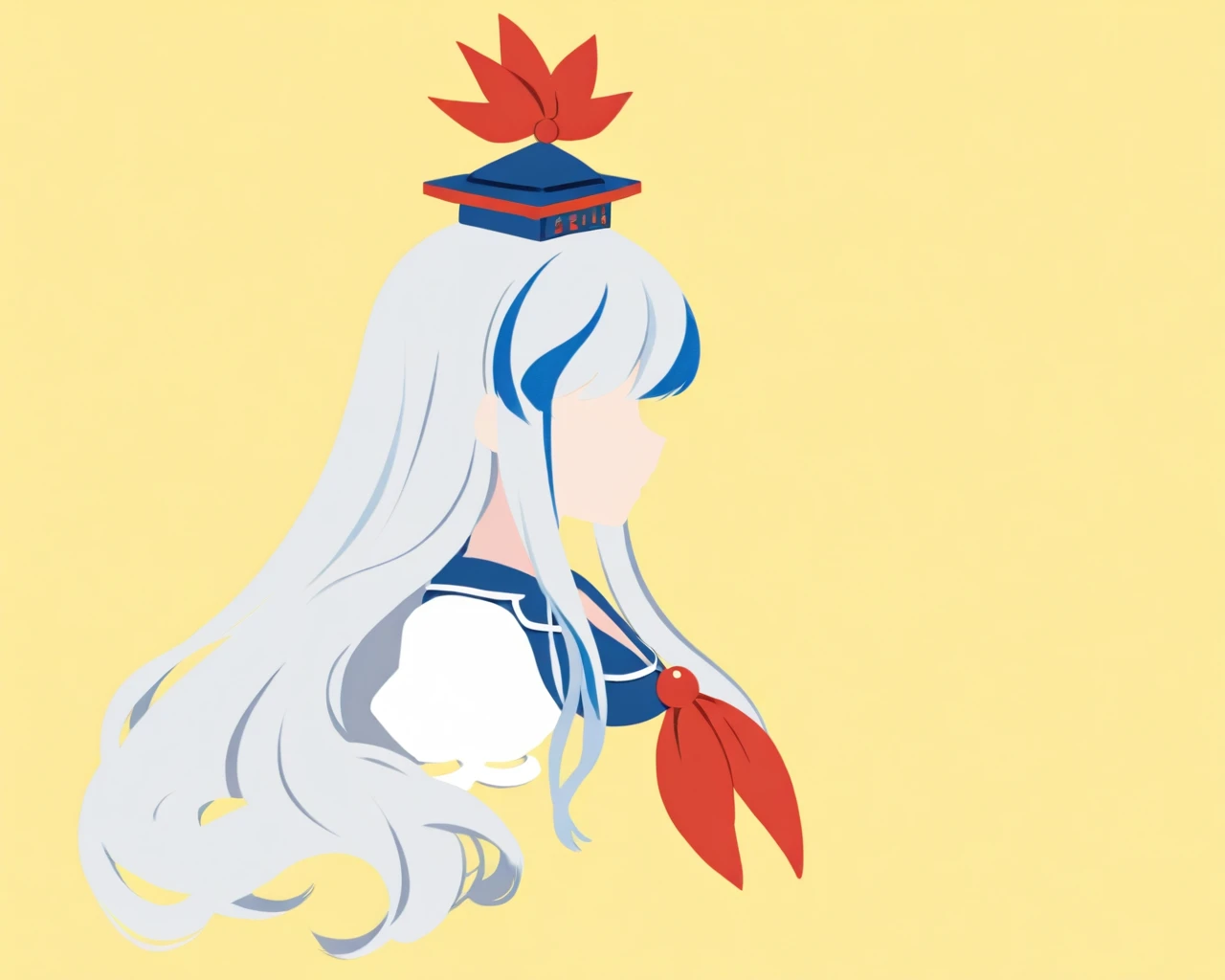 masterpiece, best quality, flat color, limited palette, no lineart, silhouette, blending, kamishirasawa keine, 1girl, yellow background, portrait, hat, long hair, blue headwear, blue hair, simple background, multicolored hair, red neckerchief, two-tone hair, faceless, from side, grey hair, streaked hair, cropped shoulders,