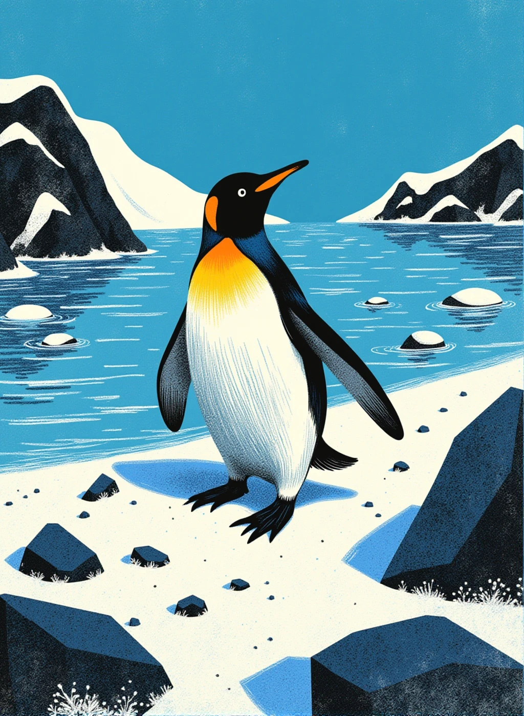 r0ygb1v style digital illustration gouache style with (((visible textures))) 

focus on a penguin in arctic scene, dotted with rocks and snow