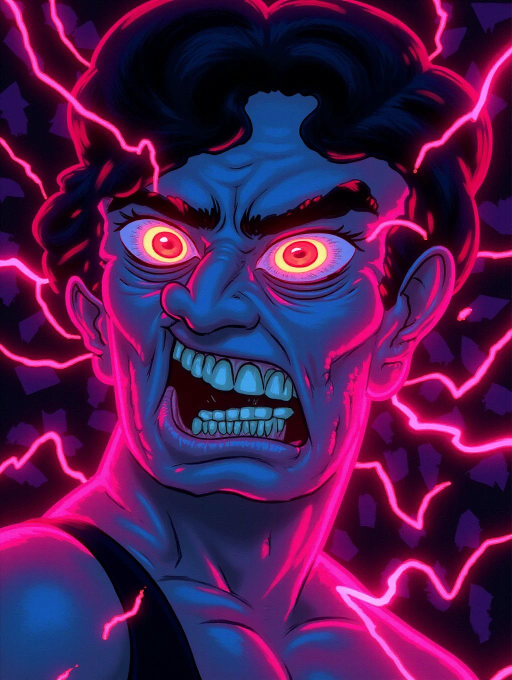 <lora:Flux.renandstimpySTYLE:1.2>, Close-up of Ren's face, veins popping out, his eyes bulging in anger, while the background dissolves into a chaotic swirl of neon colors , ((face close-up)), Geometric Cartoon