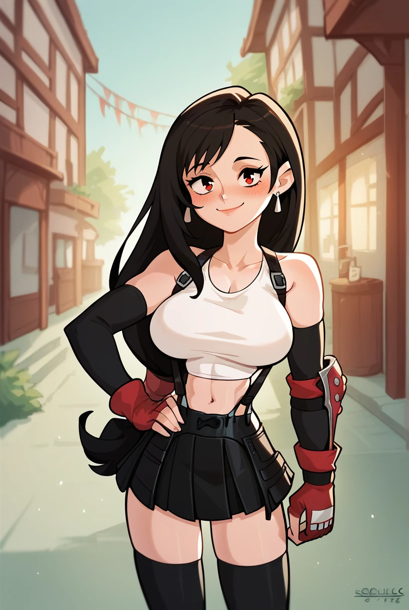 score_9, score_8_up, score_7, aesthetic, expressive, source_cartoon, BREAK, female focus, upperbody,
1girl, one hand on hip, outdoors, shanty town, light shafts, daytime, Tifa Lockhart, long black hair, red eyes, large breasts, elbow gloves, pleated skirt, white top, thighhighs, blushing, looking at viewer, smile, warm lighting, rich color, vibrant,