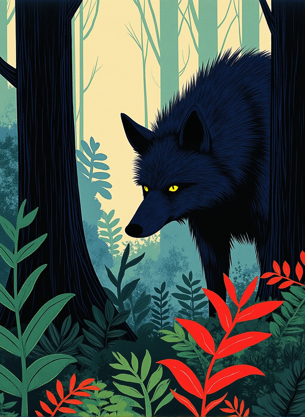 r0ygb1v This image is a digital illustration depicting an extreme closeup of a large werewolf in a forest, the plants have brush texture and dappling, minimalist shapes, simple colors, abstract