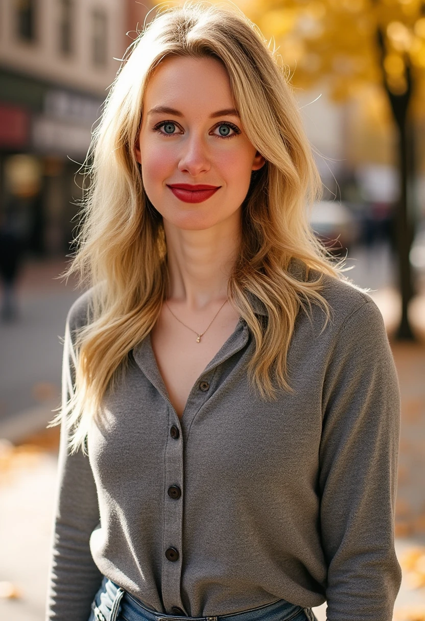 an amateur photo of elizabethholmes, a slightly smiling woman, wearing lipstick and modest casual autumn clothes and jeans on a sunny autumn day.