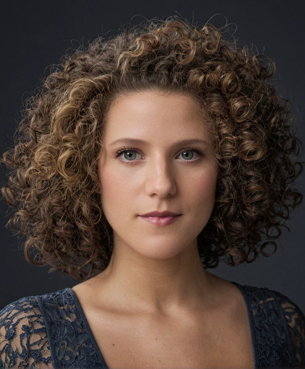 Skin texture, Super high res, studio portrait of woman,  f /2.8, Canon, 85mm,cinematic, high quality,   <lora:Cyrille_Aimée:1> cyr1ll3, curly hair