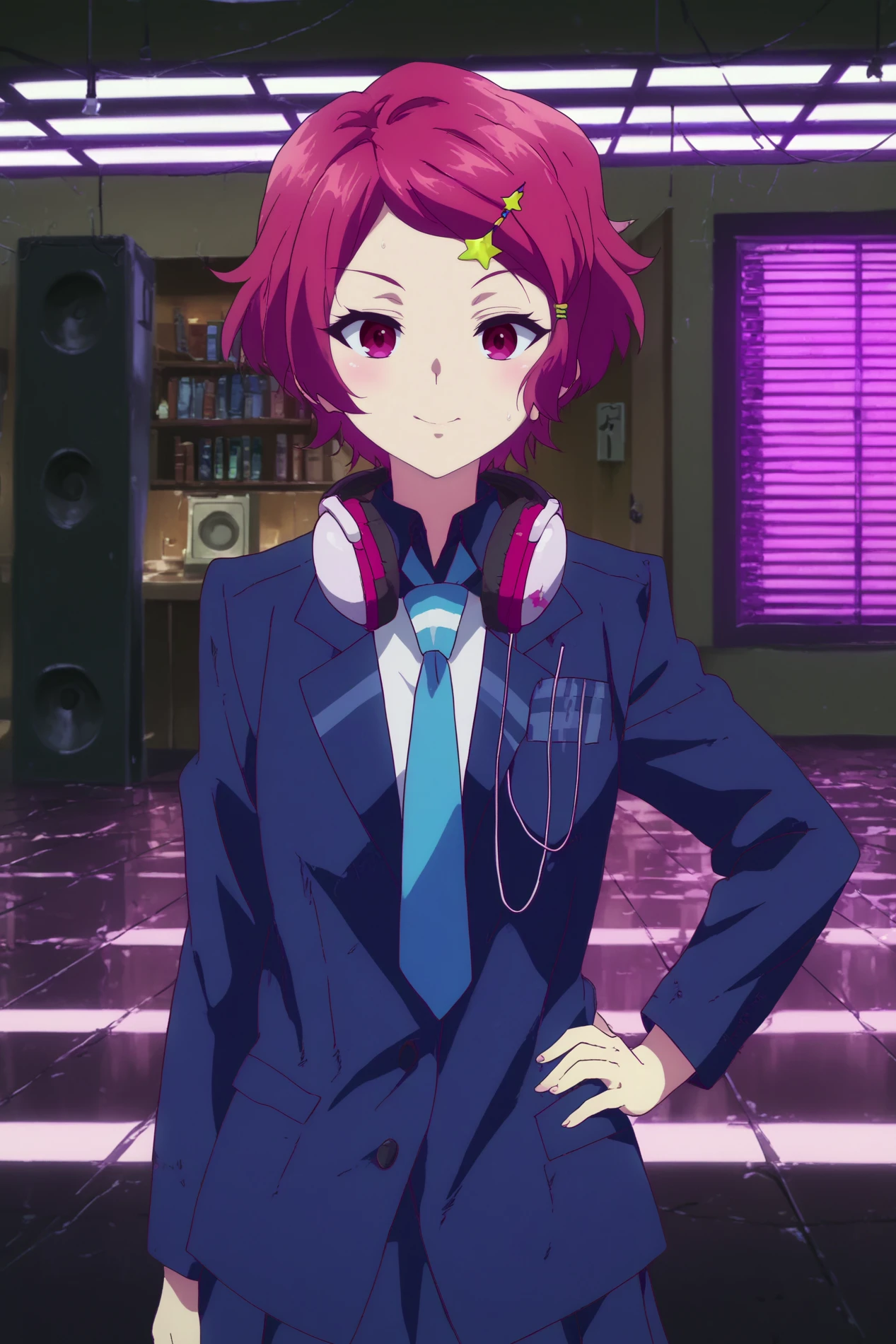  koito minase,1girl,solo,smile,headphones around neck,headphones,necktie,short hair,hair ornament,hairclip,star (symbol),star hair ornament,looking at viewer,school uniform,jacket,lowlight,low light,oily skin,shiny_skin,upper body,hand on own hip,smile,good_hands,standing BREAK indoors,nightclub,music,lights, dancefloor, DJ, speakers,shadows,led,pink neon led   <lora:Koito_Minase_-_Musaigen_no_Phantom_World.safetensors:0.8> <lora:detailed_backgrounds_v2.safetensors:0.7> <lora:lowlight.safetensors:0.7>