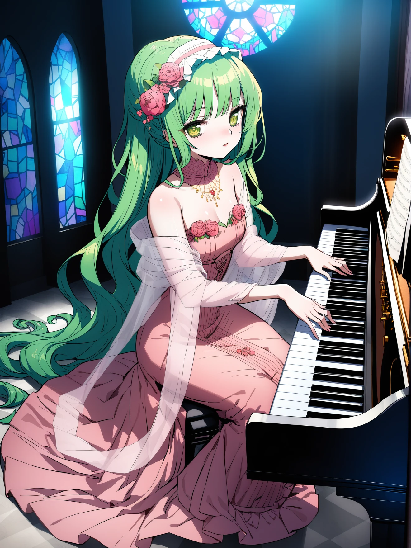 masterpiece, best quality, high quality, aesthetic, absurdres, insanely detailed,
instrument, 1girl, very long hair, green hair, solo, piano, dress, playing piano, alternate costume, stained glass, shawl, sitting, looking at viewer, 
<lora:oishi-ryuko-style-xl_v1.0:0.91>