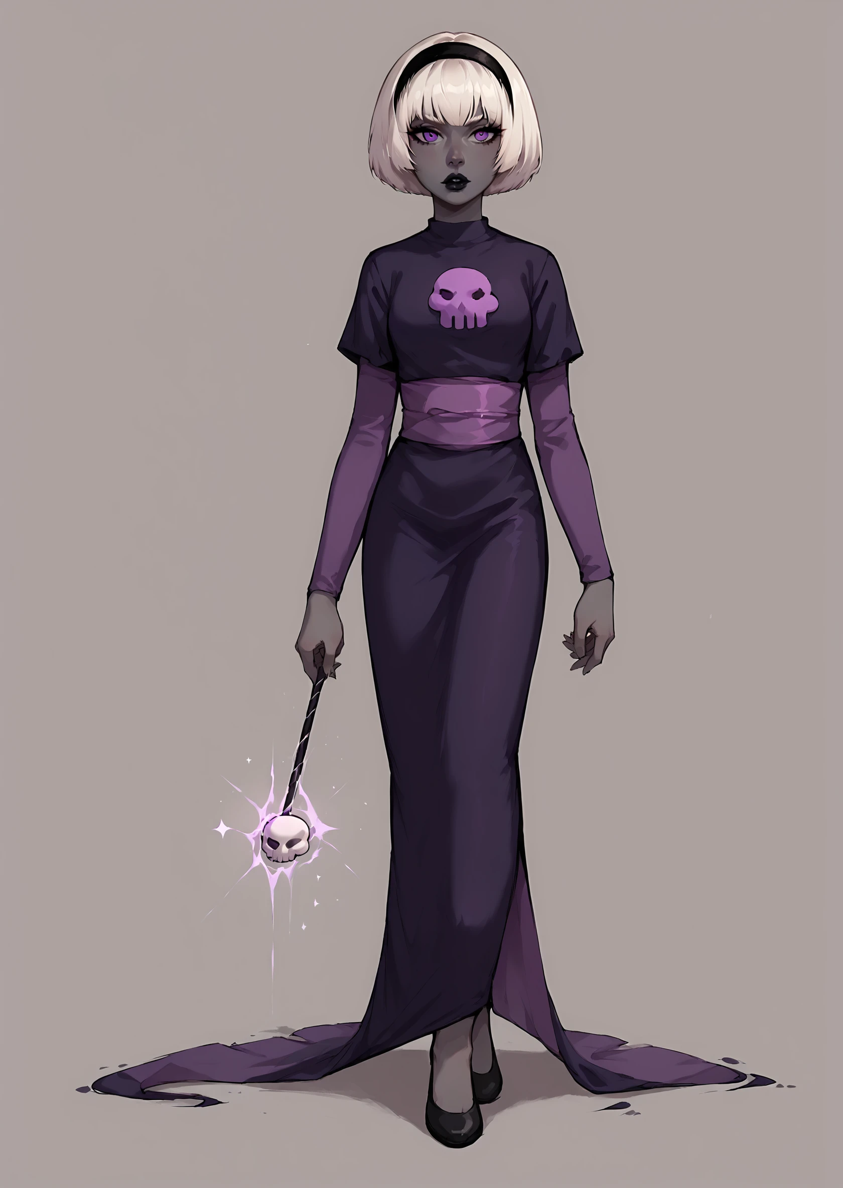 core_9, score_8_up, score_7_up, score_6_up, score_5_up, score_4_up,  1girl, white hair, black hairband, black lips, purple eyes, shirt print, <lora:Rose_Lalonde_-_outfits:0.8>, rosedress, shirt print, 1girl, solo, breasts, looking at viewer, short hair, bangs, blonde hair, dress, holding, standing, full body, hairband, shoes, grey skin, dark-skinned female, sash, bob cut, purple dress, skull, long dress, wand, long sleeves, purple sleeves, BREAK source_anime