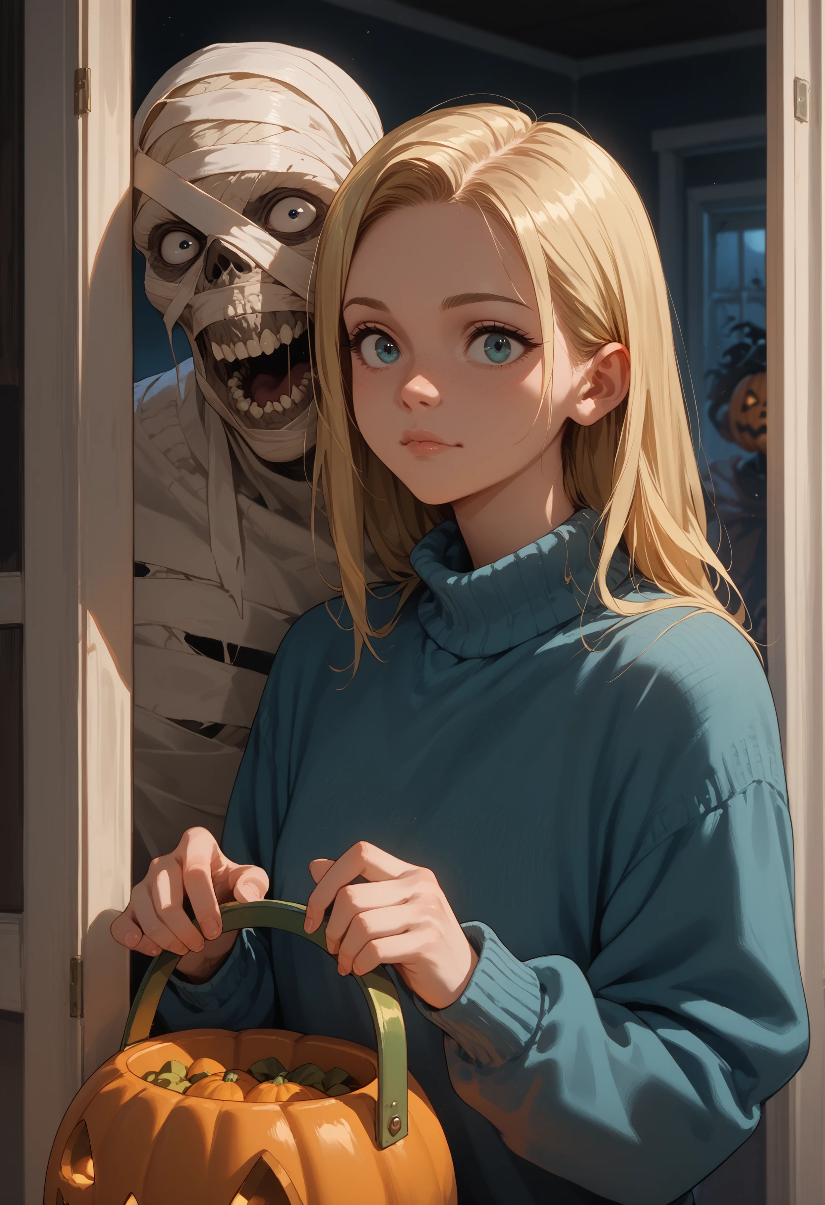 score_9, score_8_up, score_7_up, score_6_up, 1girl, blonde hair, sweater, 
1boy, monster, peeking out, upper body, 
jack-o'-lantern, halloween bucket, 
<lora:mummy_v1.0-pony:1>