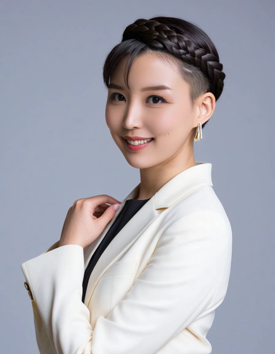 <lora:Aoi_Tsukasa:1> Aoi Tsukasa,
(Braided Bob with Shaved Undercut) A bold short bob with a hidden shaved undercut and tight braids woven from the crown down, giving it a warrior-like feel., hands held high, profile, earrings
wearing red office clothes with a suit,, girl,  smile,  black hair, stone earrings, looking at viewer, kneeling, eye liner, beautiful eyes, black background,