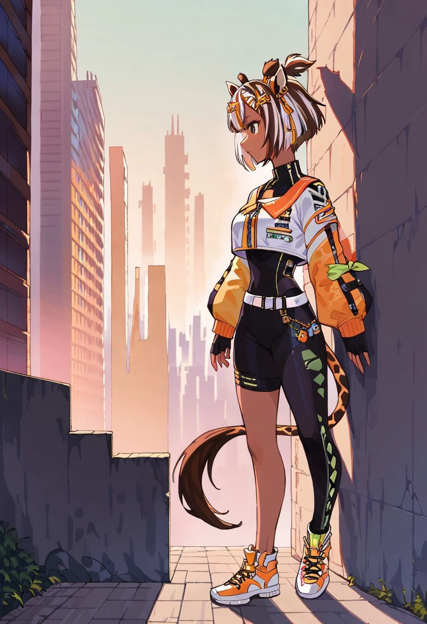 score_9, score_8_up, score_7_up, pretty woman, 21 year old, 1girl, far, wideview, ((from side)), ((looking away)), kiri kilovolt, virtual youtuber, multicolored hair, dark skin, ((single pantsleg)), fingerless gloves, giraffe ears, giraffe tail, star hair ornament, voltage hair ornament, high cut bodysuit, racing jacket, giraffe haircut, green handkerchief on arm, white belt, high sneakers, city background, city skyline, looking over edge, luxury, closeup, high FOV