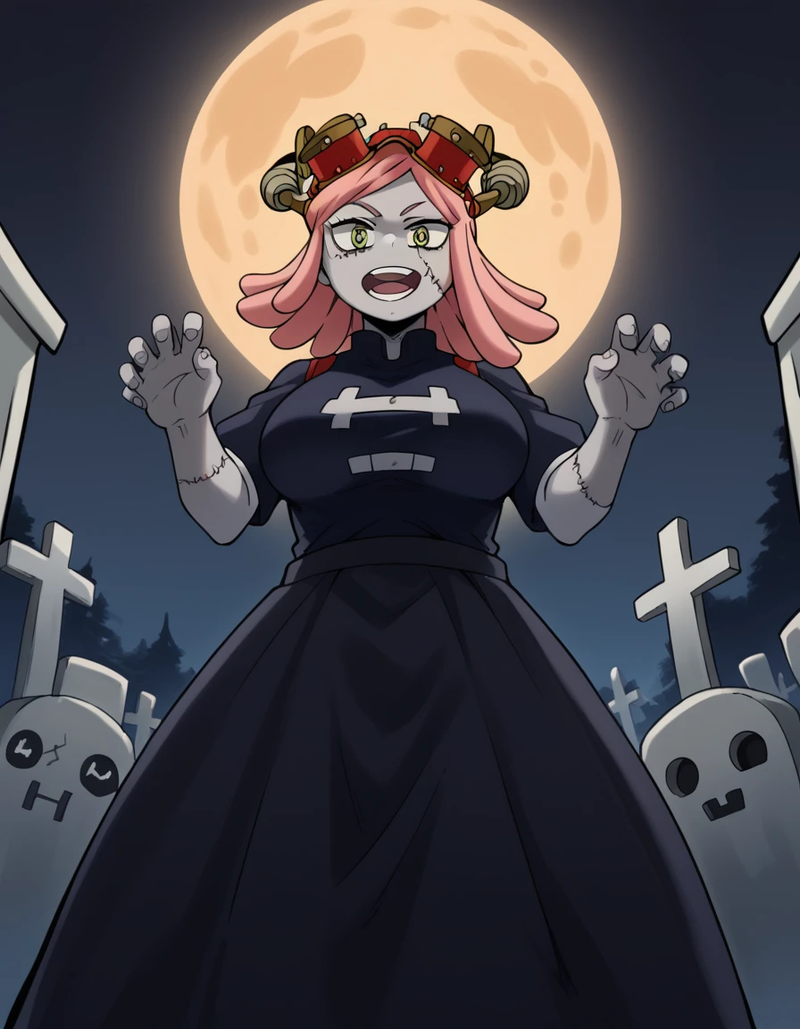 score_9, score_8_up, score_7_up, source_anime, <lora:mei-hatsume-s3-ponyxl-lora-nochekaiser:1>, mei hatsume, yellow eyes, pink hair, medium hair, symbol-shaped pupils, large breasts,, <lora:zombie-ponyxl-lora-nochekaiser:1>, zombie, colored skin, stitches, grey skin, multicolored skin, stitched face, zombie pose, halloween, halloween costume,, night, moon, graveyard, tombstone, grave, open mouth, , dutch angle, cowboy shot