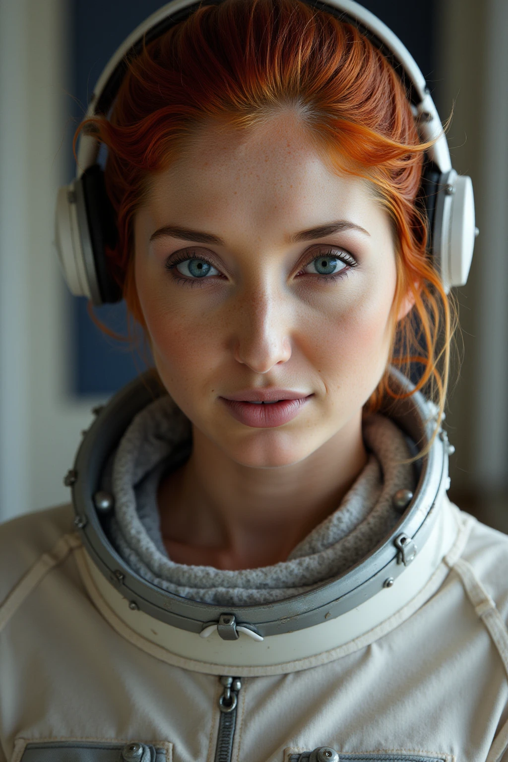 realistic photo of a redfox woman, looking at viewer, standing, looking at the viewer, ultra high quality, very detailed skin (wrinkles, skin pores:1.1), sharp focus, highly detailed, skin details,1girl, solo, wearing a large astronaut suit, astro style, nasa style. Very realistic and detailed, soft cinematic light