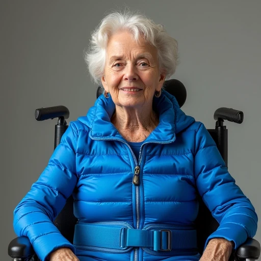 a 80 year old woman wears a two point padded wheelchair belt, a thickly padded abdominal belt and a chest belt, they are all shiny blue nylon