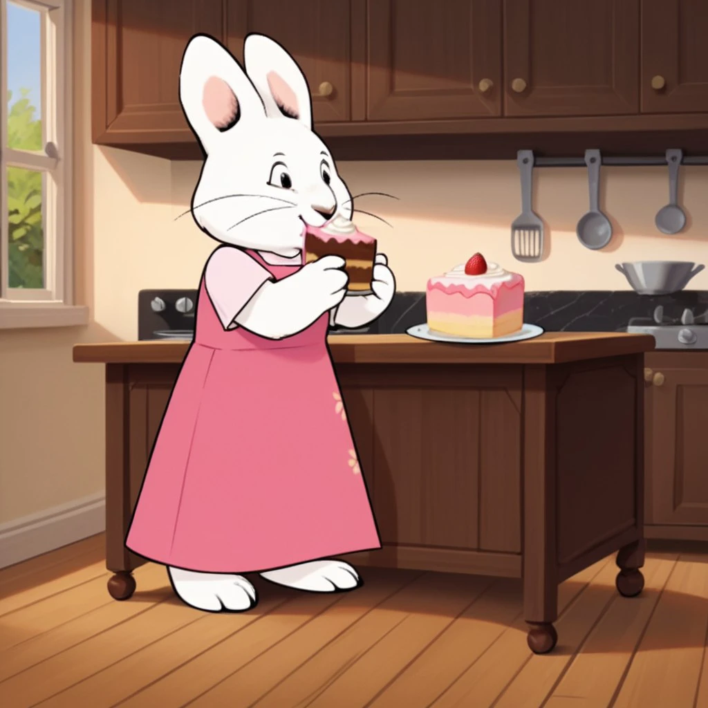 score_9, score_8_up, score_7_up, score_6_up, score_5_up, score_4_up, source_furry, Rubym&r,  female, rabbit, white fur, standing,  1girl, solo, inside, pink dress, sitting, at kitchen table, eating cake, full body, <lora:00947b84-7087-4644-bded-8b626e7a6754:0.7>