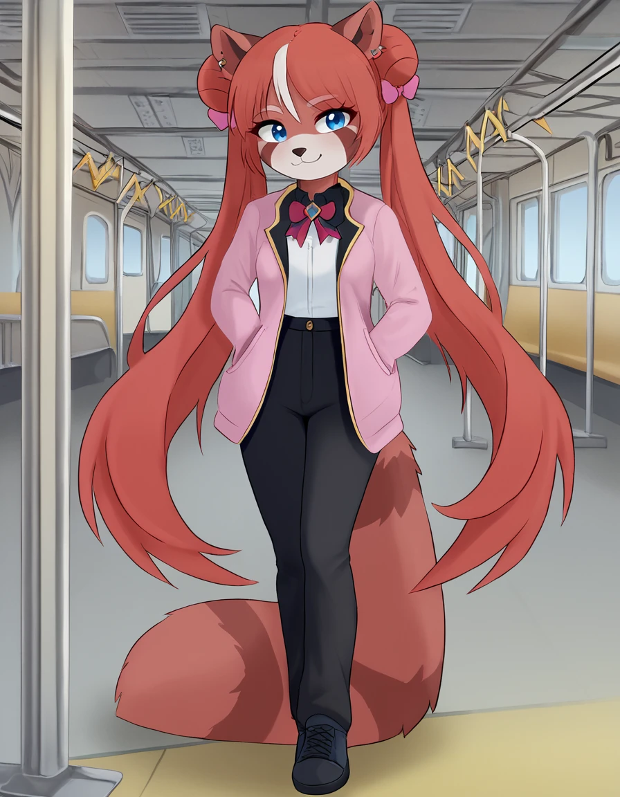 train station, 
Reina,1girl,solo,long hair,animal ears,tail,furry female,red hair,blue eyes,white hair,body fur,multicolored hair,twintails,very long hair,animal nose,bow,bangs,streaked hair,brown fur,sidelocks,hair bun,hair bow,piercing,white fur,two-tone hair,two-tone fur,double bun,
full body,seductive smile,long eyelashes,
pink jacket, black pants, 
<lora:Reina_v01_PDXL:1>,
<lora:add-detail-xl:1>,