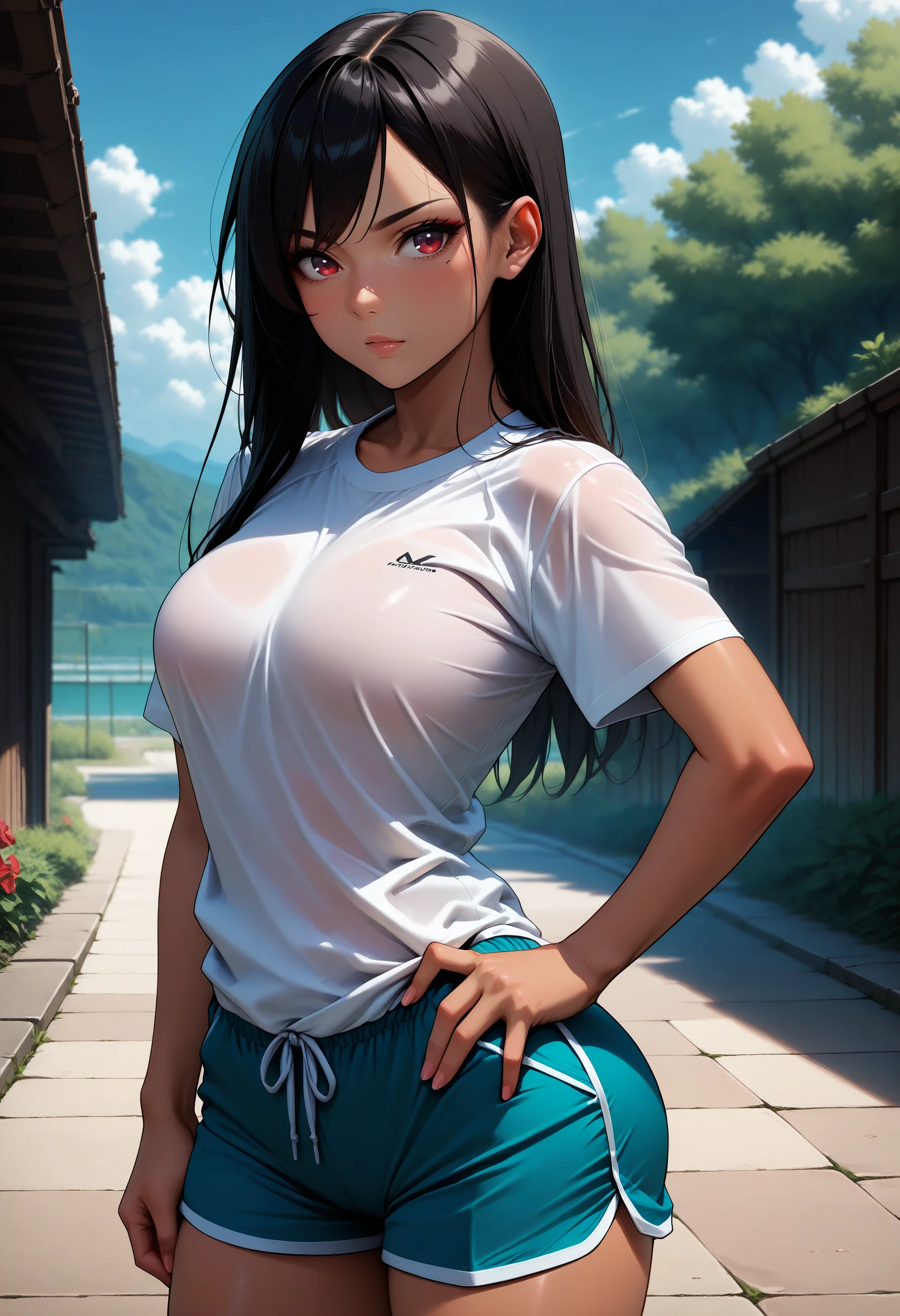 masterpiece, best quality, <lora:TCV_illusXL_Incrs_v3:1.0>, 1girl, red eyes, long hair, black hair, shirt, shorts, confident, outdoors, tan, hand on own hip, (realistic:0.4)