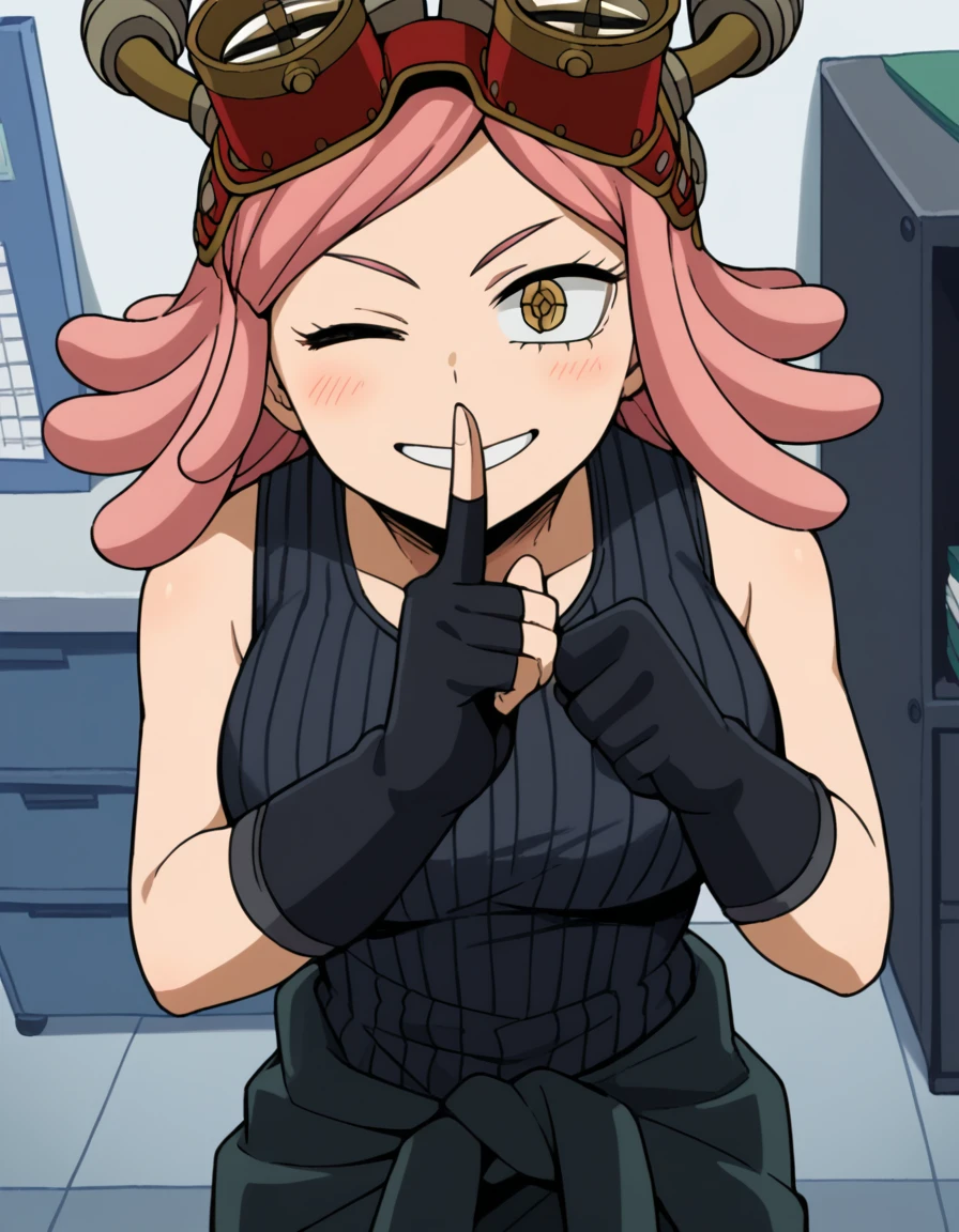 score_9, score_8_up, score_7_up, source_anime, <lora:mei-hatsume-s3-ponyxl-lora-nochekaiser:1>, mei hatsume, yellow eyes, pink hair, medium hair, symbol-shaped pupils, large breasts,, gloves, sleeveless, black gloves, tank top, goggles, goggles on head, partially fingerless gloves, clothes around waist, ribbed shirt,, home office, working from home, computer screen, coffee cup, focus, deadline, , <lora:shushing-ponyxl-lora-nochekaiser:1>, shushing, finger to mouth, index finger raised, from above, library, smile, blush, one eye closed, dutch angle,, looking at viewer, solo,, dutch angle, cowboy shot